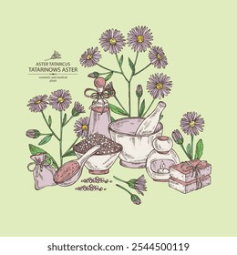 Background with aster tataricus: aster tataricus plant, leaves aster tataricus flowers. Tatarinow's aster. Oil, soap and bath salt . Cosmetics and medical plant. Vector hand drawn