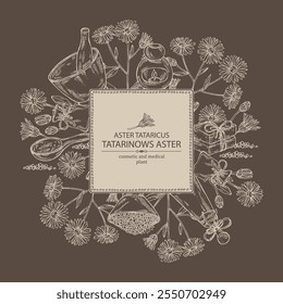 Background with aster tataricus: aster tataricus plant, leaves aster tataricus flowers. Tatarinow's aster. Oil, soap and bath salt . Cosmetics and med