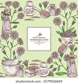 Background with aster tataricus: aster tataricus plant, leaves aster tataricus flowers. Tatarinow's aster. Oil, soap and bath salt . Cosmetics and med