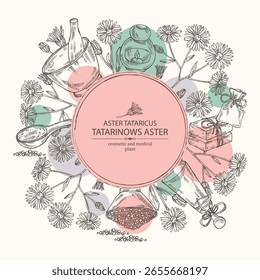Background with aster tataricus: aster tataricus plant, leaves aster tataricus flowers. Tatarinow's aster. Oil, soap and bath salt . Cosmetics and med
