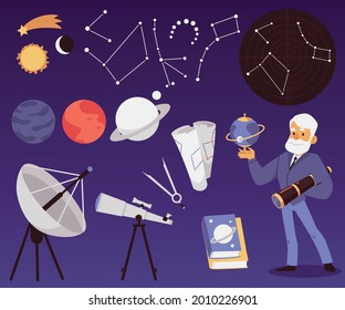 Hintergrund mit Astronomie-Wissenschaftler oder Astronomen, die Sterne erforschen, flache Vektorgrafik. Astronomie und Sternenforschung und Weltraumforschung.