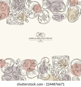 Background with auricularia polytricha: piece of auricularia mushroom, auricularia polytricha mushrooms. Vector hand drawn mushroom illustrations