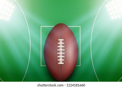 Background Of Australian Football Stadium With Ball In The Spotlight. AFL Field Poster. Editable Vector Illustration.