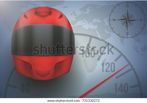 Background of Automobile and motorcycle\
sport tour. Red Racing Helmet on map with speedometer. Editable\
Vector\
Illustration.