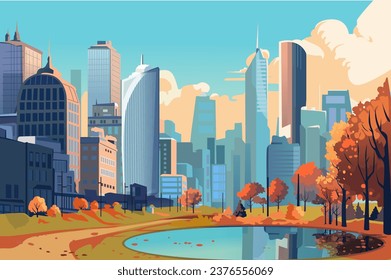 Background autumn in the city in the flat cartoon design. This art work unfolds against the city skyline, where towering buildings beautifully contrasts with hues of autumn. Vector illustration.