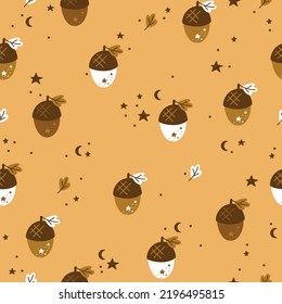 Background with autumn elements, bright leaves, berries and acorns. Minimalistic style. Autumn pattern with colorful shapes. Vector illustration