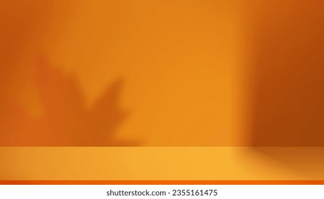 Background Autumn with Fall Leave, Thanksgiving Podium, Product Shadow Studio Winter Color Texture Scene, Platform Yellow Minimal Counter Floor Backdrop, Summer Vector Clean Cosmetic, Orange Background.