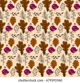 Background with autumn foliage and funny birds. Children's themes