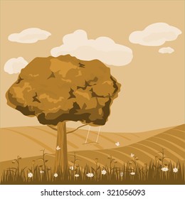 Background autumn landscape, field, tree, autumn color, vector, banner, illustration