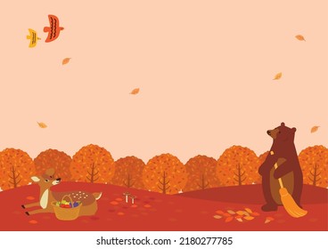 Background with autumn leaves and animals. 