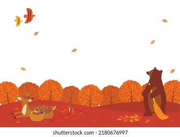 Background with autumn leaves and animals. 