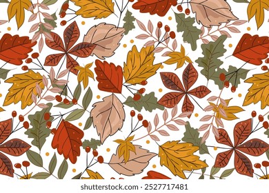 Fondo con hojas y bayas de otoño, patrón de caída de hojas dibujado a mano sin fisuras, Anuncio de Vector con sentimiento de otoño para la impresión de tela, envoltura de regalo, postales y diseño de Sitio web