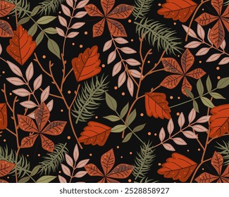 Background with autumn leaves and branches on a dark background, a beautiful autumn seamless pattern for packaging and postcards, printing on paper and fabric