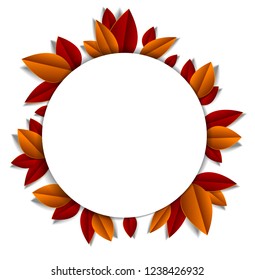 Background with autumn leaves paper cut style, copy space for text, vector floral illustration. Fall season anniversary event or greeting card.