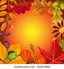 Background with autumn leaves and plants. Design for advertising booklets, banners, flayers, cards.