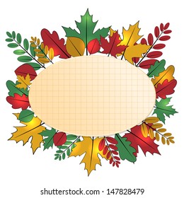 background with autumn leaves and sheet of paper into a cell.autumn background.school background.vector