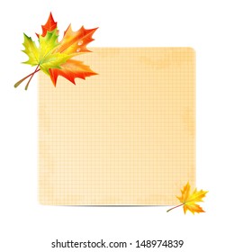 background with autumn leaves and sheet of paper into a cell.autumn background.school background.vector