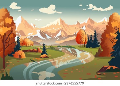 Background autumn in the mountains in the flat cartoon design. This illustration of autumn in the mountains paint the landscape with warm hues and a sense of peacefulness. Vector illustration.