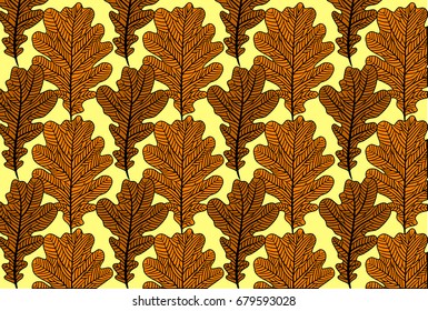 Background of autumn oak leaves, freehand drawing, engraving style