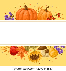 Background with autumn plants. Harvest illustration of vegetables and leaves.