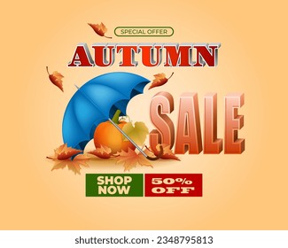 Background, autumn scene design with 3d texts, pumpkin, rain umbrella and leaves in the colors of the season, for Autumn, sales commercial event; Vector illustration