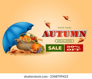 Background, autumn scene design with 3d texts, rain umbrella, harvest basket and leaves in the colors of the season, for Autumn, sales commercial event; Vector illustration