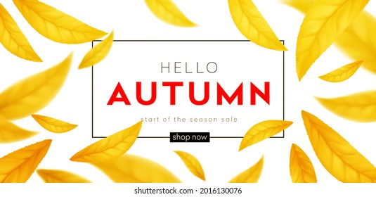 Background for the autumn season of discounts. Fall sale background with flying yellow and orange autumn leaves. Vector illustration EPS10