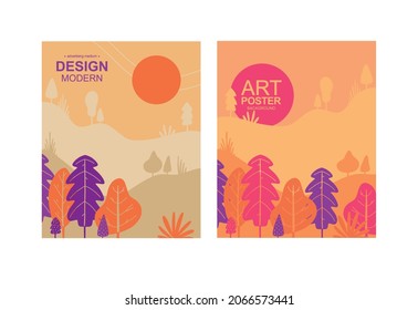 Background with autumn season. Drawings of nature and mountains. Sunset and sunrise.