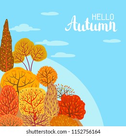 Background with autumn stylized trees. Landscape seasonal illustration.