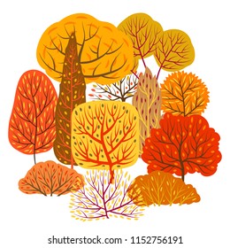 Background with autumn stylized trees. Landscape seasonal illustration.