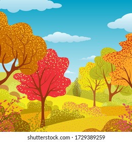 Background with autumn trees, bush, grass, sky, clouds. Landscape. Bright plants. Nature web-banner