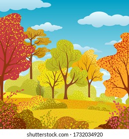 Background with autumn trees, bush, grass, sky, clouds. Rural landscape. Bright plants. Nature web-banner