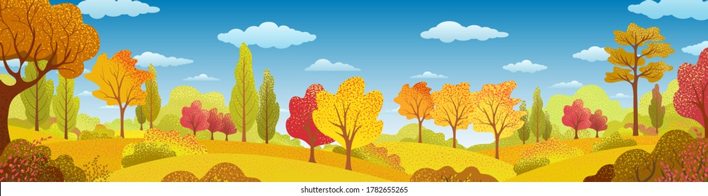 Background with autumn trees, bush, grass, sky, clouds. Rural landscape. Bright plants. Natural banner