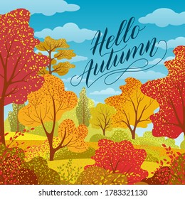 Background with autumn trees, bush, grass, sky, clouds and text. Rural landscape with handwritten lettering. Bright plants. Natural banner. Greeting card, poster, banner with header.