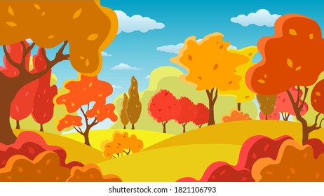 Background with autumn trees, bush, grass, sky, clouds. Rural beautiful landscape. Bright plants. Natural seasonal web-banner.