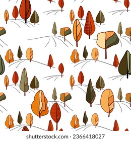 Background with autumn trees on the hills in autumn palette on a square transparent background. Seamless floral pattern.