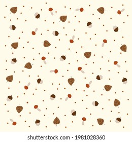 The background is autumn. Vector pattern with acorns. Postcard with mushrooms and leaves. Cozy November background in a circle of dots with doodles. Vector illustration