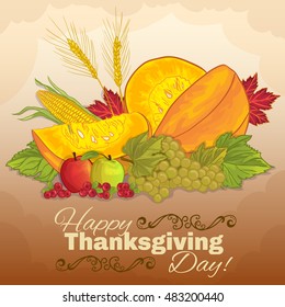 Background with autumn vegetables and fruits, season of harvest, vector image, eps10