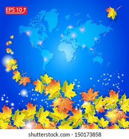 background autumnal orange leaf of maple on blue background world map vector