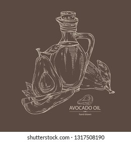 Background with avocado and bottle of avocado oil. Vector hand drawn illustration