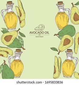 Background with avocado and bottle of avocado oil. Vector hand drawn illustration