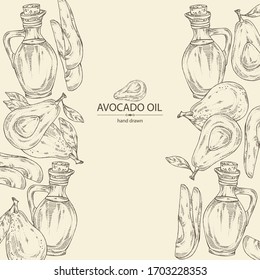 Hintergrund mit Avocado und Flasche Avocado Öl. Vektorillustration, handgezeichnet