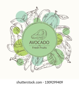 Background with avocado and avocado slice. Vector hand drawn illustration