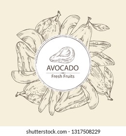 Background with avocado and avocado slice. Vector hand drawn illustration