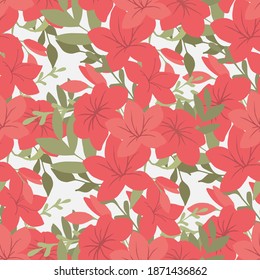 Background with Azalea flower. Red flowers, green leaves and branches. Seamless vector pattern. Flower illustration for design.