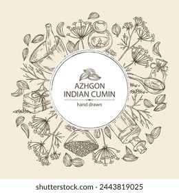 Background with azhgon, indian cumin: plant and azhgon seeds. Oil, soap and bath salt . Cosmetics and medical plant. Vector hand drawn illustration