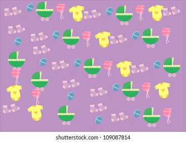 background for babies with buggy, body, sock and rattle