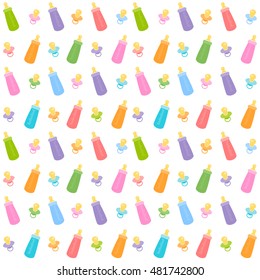 Background with baby bottles and pacifiers