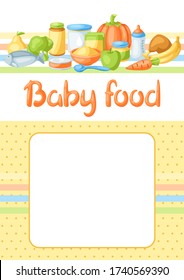Background with baby food items. Healthy child feeding.