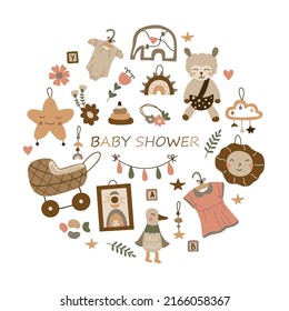 Background with baby things for the kid. Cute funny toys for little kids. Isolated vector illustration in boho style in warm colors.